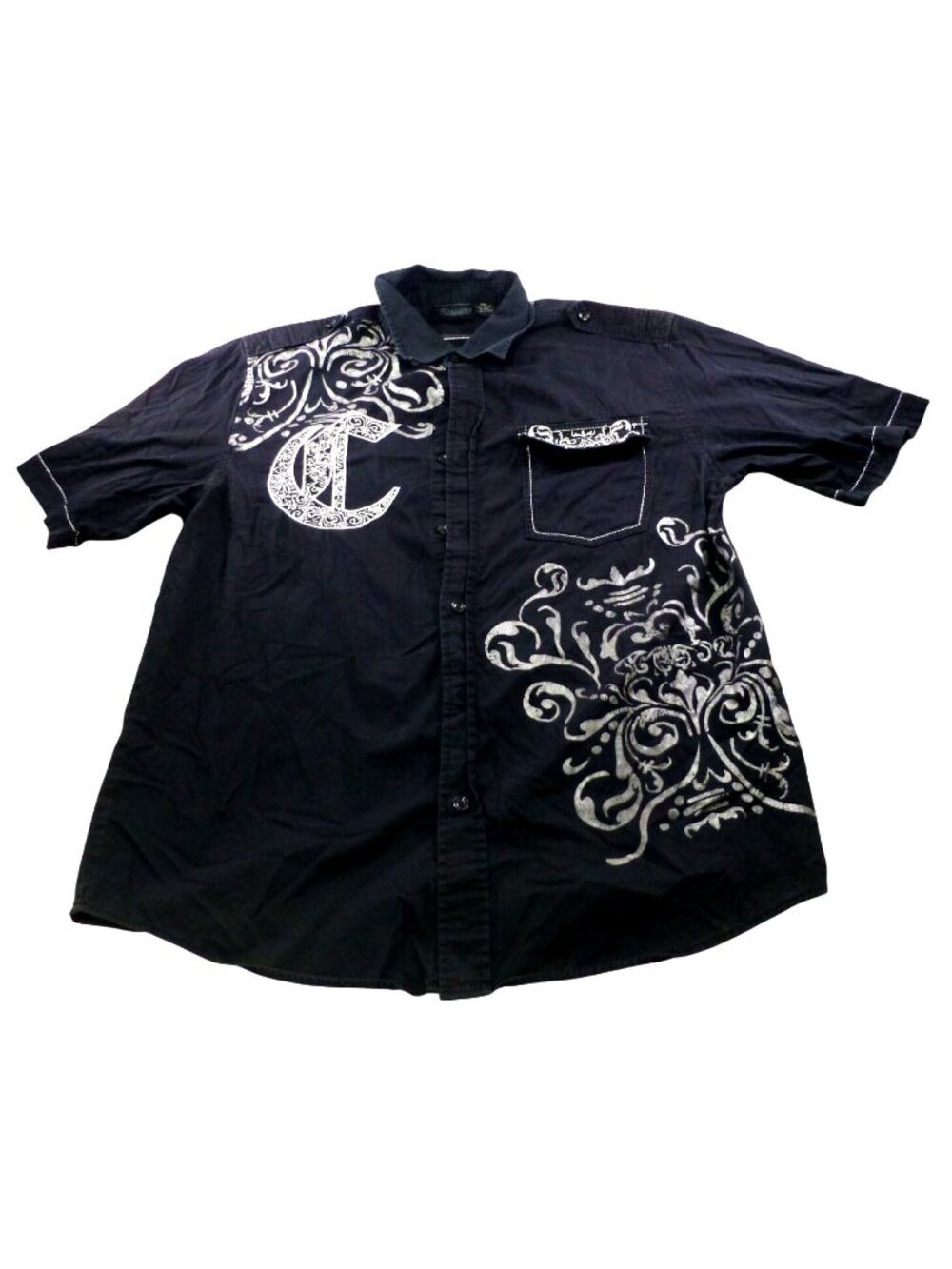 Mens Bold Black Button-Up Shirt With Silver‎ Graphics Pocket & Short Sleeves 3XL